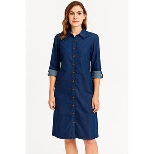 eShakti Women’s Chambray Shirt Dress Blue Denim Button Front 6 Cotton Casual